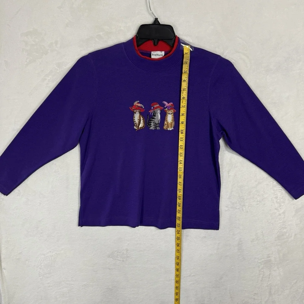 Vintage Cat Lady Mock Neck Sweatshirt Top Size M Crop Purple Red Hat Society 90s - Picture 7 of 13